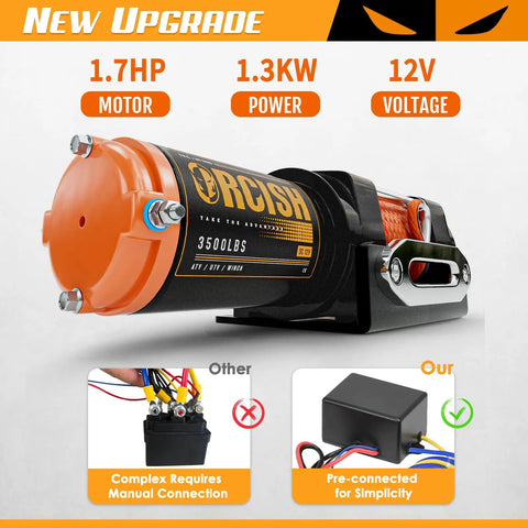 3500 LB 12V Electric Winch Kit With Synthetic Rope For ATV UTV Beefy Heavy Duty Off Road Recovery Winch Easy Mount Waterproof Motor Safe Load Handling And Smooth Pulling, orange 3500 lb 12V ATV winch with pre-connected control box
