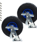 Heavy Duty Pneumatic Swivel Casters With Inflatable Rubber Tires And Quick Side Brakes, 200mm wheels with bolts for robust use.