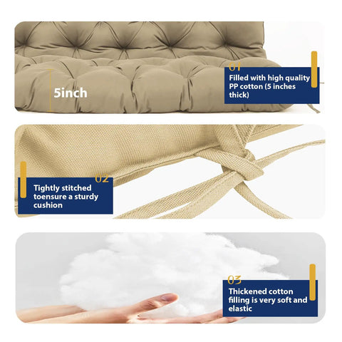 Replacement Cushions For Outdoor Furniture 60x40 Inch Waterproof Porch Bench Cushions For 2 To 3 Seaters With Ties And Backrest 5 Inch Thick Patio Swing Chair Cushion For Garden Backyard Easy To Clean And Breathable Khaki, showcasing thick cotton filling, tight stitching, and ties.