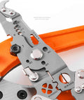 Close-up of 18 In 1 Foldable Wire Stripper Tool With Crimpers And Cutters, Pro Grade And DIY Ready, showing calibrated holes