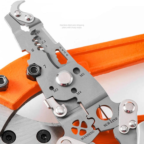 Close-up of 18 In 1 Foldable Wire Stripper Tool With Crimpers And Cutters, Pro Grade And DIY Ready, showing calibrated holes