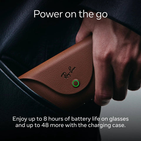 Meta Gen 2 Skyler Smart AI Glasses in charging case, demonstrates portability and power with 2x battery life capability.