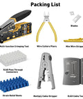 All In One Ethernet Crimp Tool Kit With Pass Through RJ45 Crimpers, Cable Tester, Wire Cutters And Pliers, Network Cable Stripper, Mini Cable Stripper, 50 Cat5e Cat6 Pass Through Connectors And Strain Relief Boots packing list image.