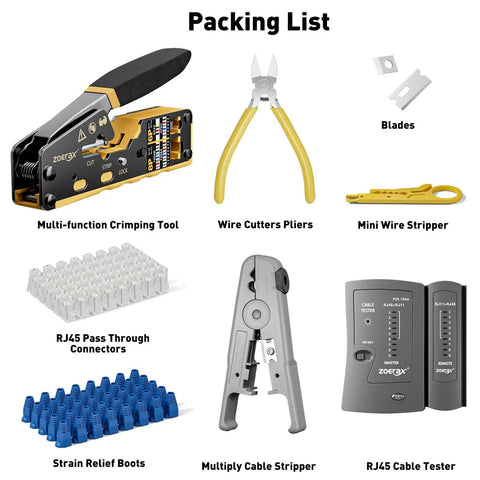 All In One Ethernet Crimp Tool Kit With Pass Through RJ45 Crimpers, Cable Tester, Wire Cutters And Pliers, Network Cable Stripper, Mini Cable Stripper, 50 Cat5e Cat6 Pass Through Connectors And Strain Relief Boots packing list image.
