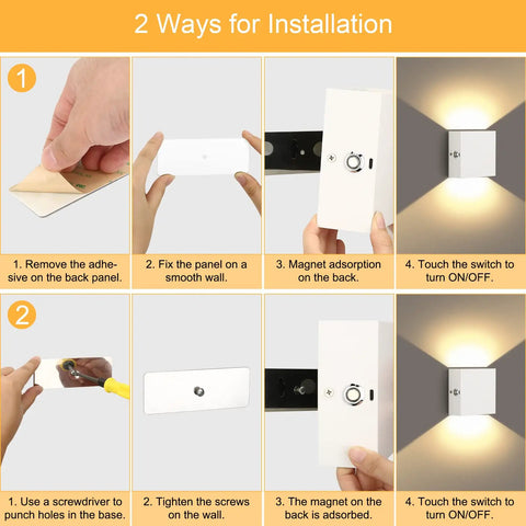 Rechargeable Battery Powered Touch Wall Sconce Set Of 2 White Small Up And Down Wall Lights Indoor Dimmable Cool White USB Rechargeable Tap Dimmer For Living Room And Bedroom installation guide image.