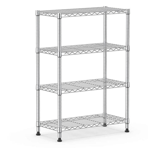 Rock Solid Heavy Duty 4 Tier Steel Wire Storage Rack With Durable Chrome Finish adjustable height shelving unit, suitable for garage, kitchen, or office.
