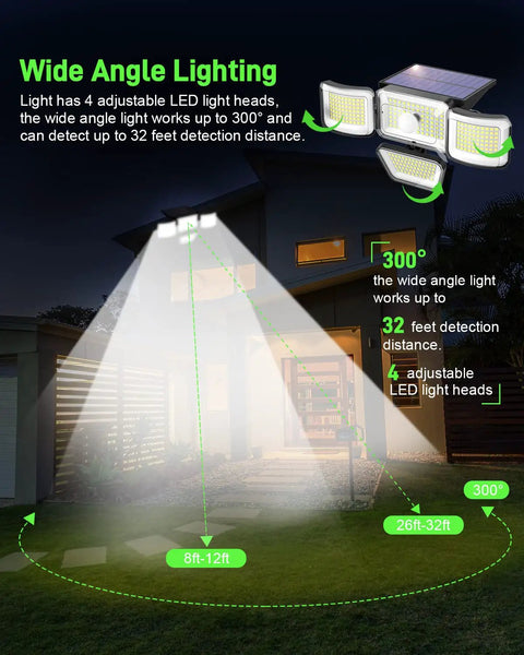 Outdoor view of Solar Motion Sensor Outdoor Lights 278 LED 3000 Lumen illuminating house with 32 ft detection range at night