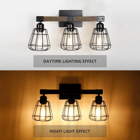 Must Have Farmhouse Vanity Light For Bathroom With Three Lights Rustic Wood And Matte Black Industrial Wall Fixture Over Mirror Modern Cage Sconce For Hallway Kitchen Bedroom Versatile Lighting For Home Decor