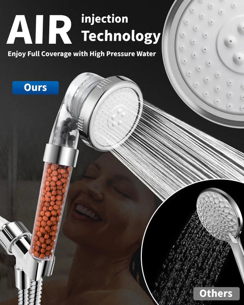 Filtered Shower Head For Hard Water With High Pressure, 3 Modes Plus Handheld Spray, demonstrating water spray and mineral beads