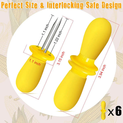 Image of Six Pairs Stainless Steel Corn Holders Set For Easy Grub Grabs On The Cob Yellow Corn On The Cob Skewers, showing size and design.