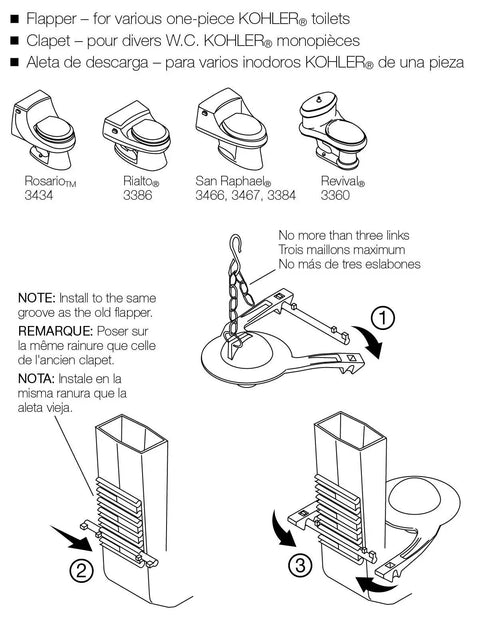 Diagram showing Genuine 2 Inch Toilet Flapper Hinge Replacement for one-piece toilets with installation steps and compatibility.