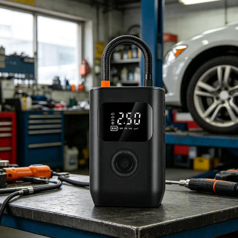 Slick Wireless Rechargeable Car Air Compressor Fast Tire Inflator With Easy Digital Display Auto Shutoff Portable Pump on workshop table.