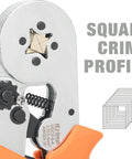 Close-up of ferrule crimping tool kit with self adjusting ratchet crimp plier and 770 wire ferrules AWG 23 10 0.25 6mm2