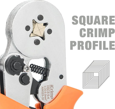 Close-up of ferrule crimping tool kit with self adjusting ratchet crimp plier and 770 wire ferrules AWG 23 10 0.25 6mm2