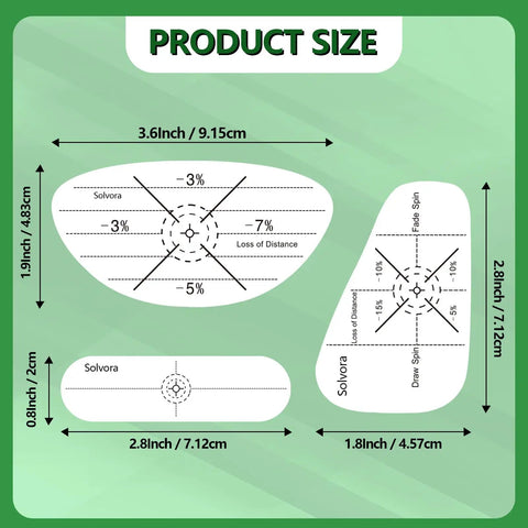 Size chart showing dimensions of 300 Pack Golf Impact Tape For Woods Irons And Putters No Residue Swing Practice Stickers.