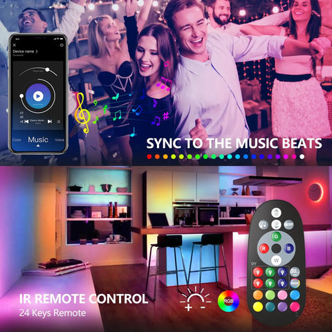 Lit 100 Ft Music Sync LED Strip Lights With App Control And Remote showcasing color-changing effects in a party and room setting