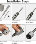 Hordion 2-inch concrete hole saw with SDS Plus shank and 202mm connecting rod shown with installation steps montage.