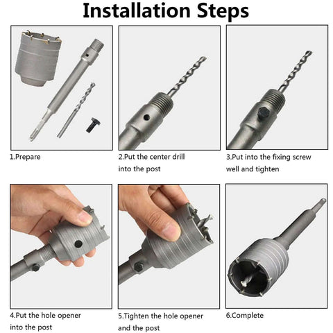 Hordion 2-inch concrete hole saw with SDS Plus shank and 202mm connecting rod shown with installation steps montage.