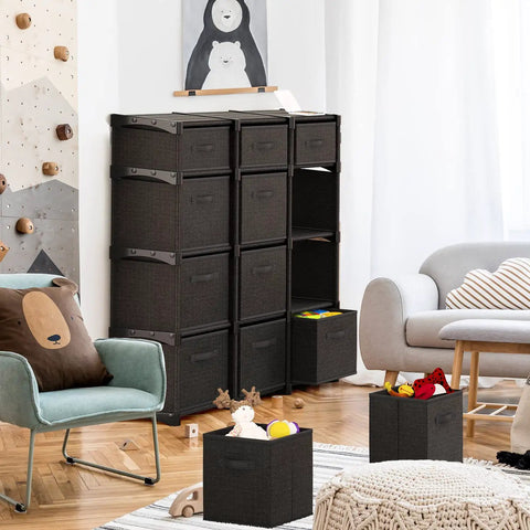 12 Cube Storage Organizer Black With Dope DIY Cube Shelf System And Included Bins in a playroom setting