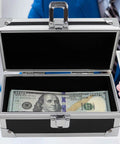 Aluminum Alloy Locking Cash Box For Secure Cash Storage Money Organizer displaying open single row currency tray with money inside.