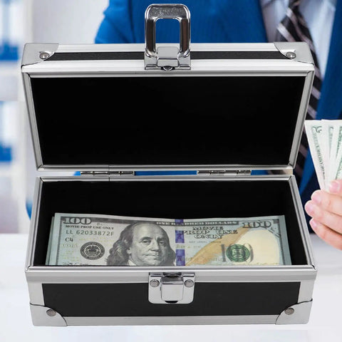 Aluminum Alloy Locking Cash Box For Secure Cash Storage Money Organizer displaying open single row currency tray with money inside.