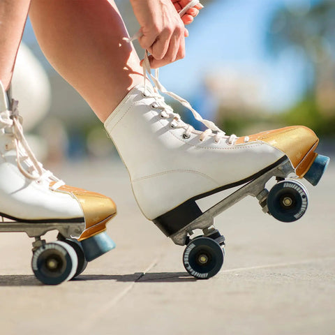 Two Piece Toe Guards For Roller Skates, Artificial Leather Protectors For Quad Skates, Glitter Gold With Star Pattern, on skates