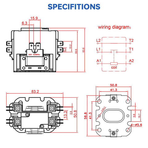 Technical drawing of One Pole 24VAC Coil Contactor For Air Conditioner Condenser And HVAC Compressor 30 Amp FLA Definite Purpose