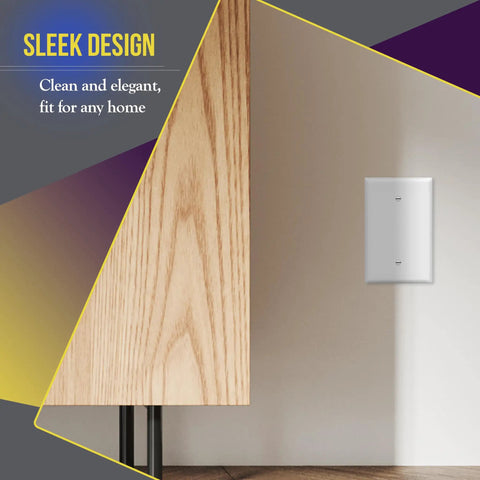 Oversized 1-Gang Blank Wall Plate Cover 5.5 By 3.5 Inches Polycarbonate Thermoplastic on white wall next to wooden surface