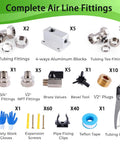 Complete air line fittings with various parts for Built Tough Heavy Duty Three Layer HDPE Aluminum HDPE Air Tubing Kit For Air Compressors Three Quarter Inch By Two Hundred And Three Hundred Feet Leak Proof High Pressure Line Easy To Install Reliable Pro Grade Air System.