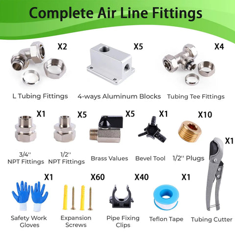 Complete air line fittings with various parts for Built Tough Heavy Duty Three Layer HDPE Aluminum HDPE Air Tubing Kit For Air Compressors Three Quarter Inch By Two Hundred And Three Hundred Feet Leak Proof High Pressure Line Easy To Install Reliable Pro Grade Air System.