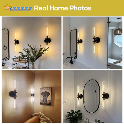 Black And Gold Wall Sconces Set Of Two With Thick Clear Glass Shades Modern Bathroom Lighting for mirror and vanity.