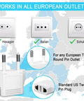 Six Pack US To Europe Type C Travel Plug Adapters showing compatibility with hexagon, Italian, and Schuko outlets