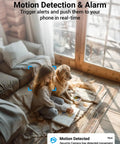 Child and dog on carpet with motion detection alert from Dual Band Indoor Outdoor Security Camera With App Control For Home And Fur Babies