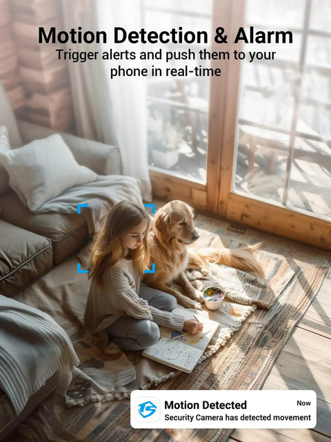 Child and dog on carpet with motion detection alert from Dual Band Indoor Outdoor Security Camera With App Control For Home And Fur Babies