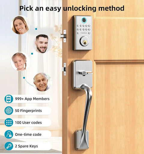 Slick WiFi Smart Deadbolt And Keyless Entry Door Lock With No Sweat App Connect Alexa showing various unlocking methods and keypad.