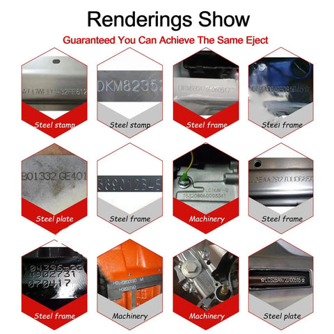 Renderings of markings and stamps on steel frames, plates, and machinery using the Portable Pneumatic Dot Peen Marking Machine for Large Metal Parts 0.01 to 1mm Depth Rotary Chassis Heavy Duty Industrial Grade Multi Board with Precise Marking and Easy Setup.