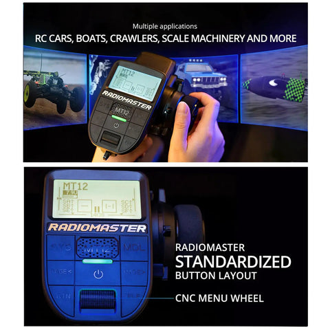 Person holding MT12 Surface Radio Controller For RC Cars And Boats 2 4G Multiprotocol Remote, screen displaying controls.