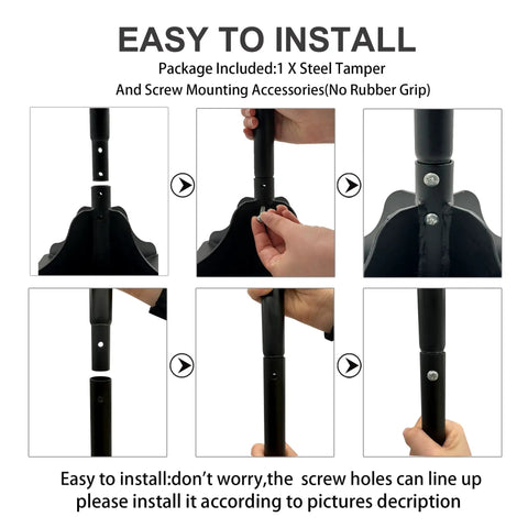 Installation process for 48 Inch Steel Tamper With Long Handle 8 By 8 Inch Garden Yard Tamper showing screw holes and assembly.