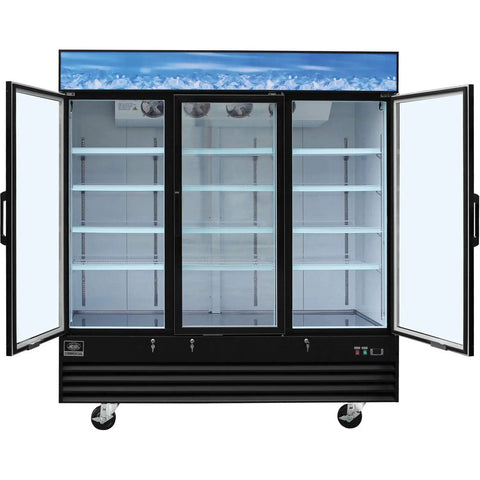 Three Door Merchandiser Refrigerator With 53 Cu Ft Fresh As Heck Storage Premium Powder Coated Steel Finish shown with open glass doors