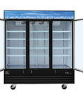 Three Door Merchandiser Refrigerator With 53 Cu Ft Fresh As Heck Storage featuring glass doors, black steel finish, and adjustable shelves.