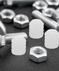 Image showing 150 Pcs Plastic Dowel Inserts for Cabinet Doors among metal bolts and nuts, highlighting DIY hinge repair uses.