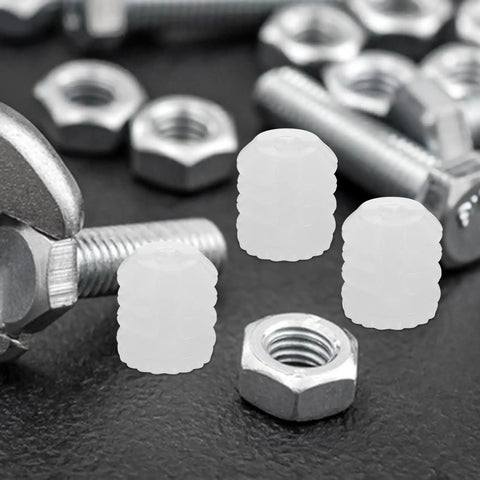 Image showing 150 Pcs Plastic Dowel Inserts for Cabinet Doors among metal bolts and nuts, highlighting DIY hinge repair uses.