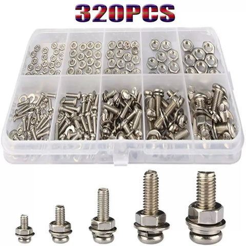 320 Piece Metric Alloy Nut And Bolt Assortment Kit With M2 Through M5 Pan Head Screws, Nuts, Flat Washers And Spring Washers in box.