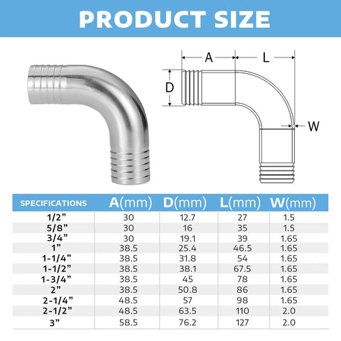 Front view of Yoebor stainless steel 304 sanitary hose barb 90-degree elbow fitting, 1" barb x 1" barb, 1pc
