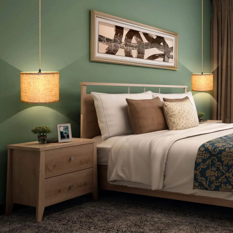 Plug In Pendant Lights Duo With 15ft Hemp Rope And Beige Linen Shade, Two Pack, in bedroom setting