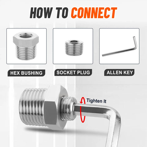 Stainless Steel Pipe Plug Fittings Assortment Kit With Five Sizes One Eighth Inch One Quarter Inch Three Eighths Inch One Half Inch And Three Quarters Inch Twenty Five Pieces NPT Male Internal Hex Thread Socket Plugs For DIYers showing hex bushing, socket plug, and allen key connection diagram.