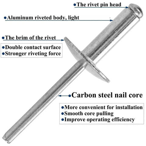 Heavy-Duty Five-Eighth Inch Aluminum Blind Rivets Kit, Large Flange Assortment, 300-Piece Pack For Quick, Secure, Vibration-Resistant Joints With Manual Or Pneumatic Rivet Tools. aluminum blind rivet with carbon steel nail core