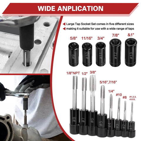 13 Piece Tap Socket Set Kit For Standard And Metric Taps Pro Grade Build Includes 70500 And 71670 Sockets in use