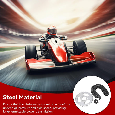 Racing go-kart with inset of Beefed Up High Power Steel T8F Chain And Sprocket Kit for Mini Bikes and Modified Karts