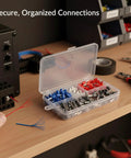 Top Shelf 200 Piece Wire Ferrule Kit With Tinned Copper Crimp Connectors For Stranded Wires And Assorted Pre Insulated Electrical Tube Terminals Plus Durable Storage Box For Secure Reliable Connections, open case
